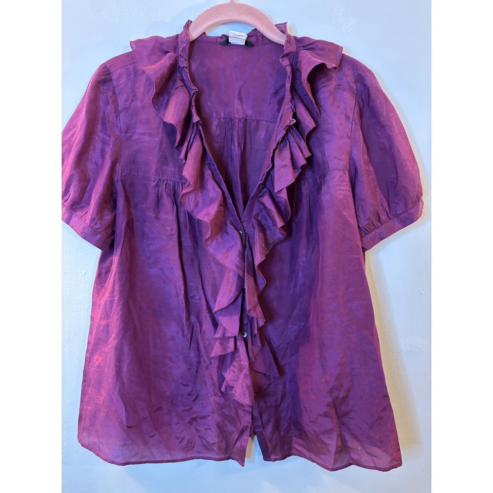J Crew Burgundy Wine Silk Blend Ruffle Front Blouse 6